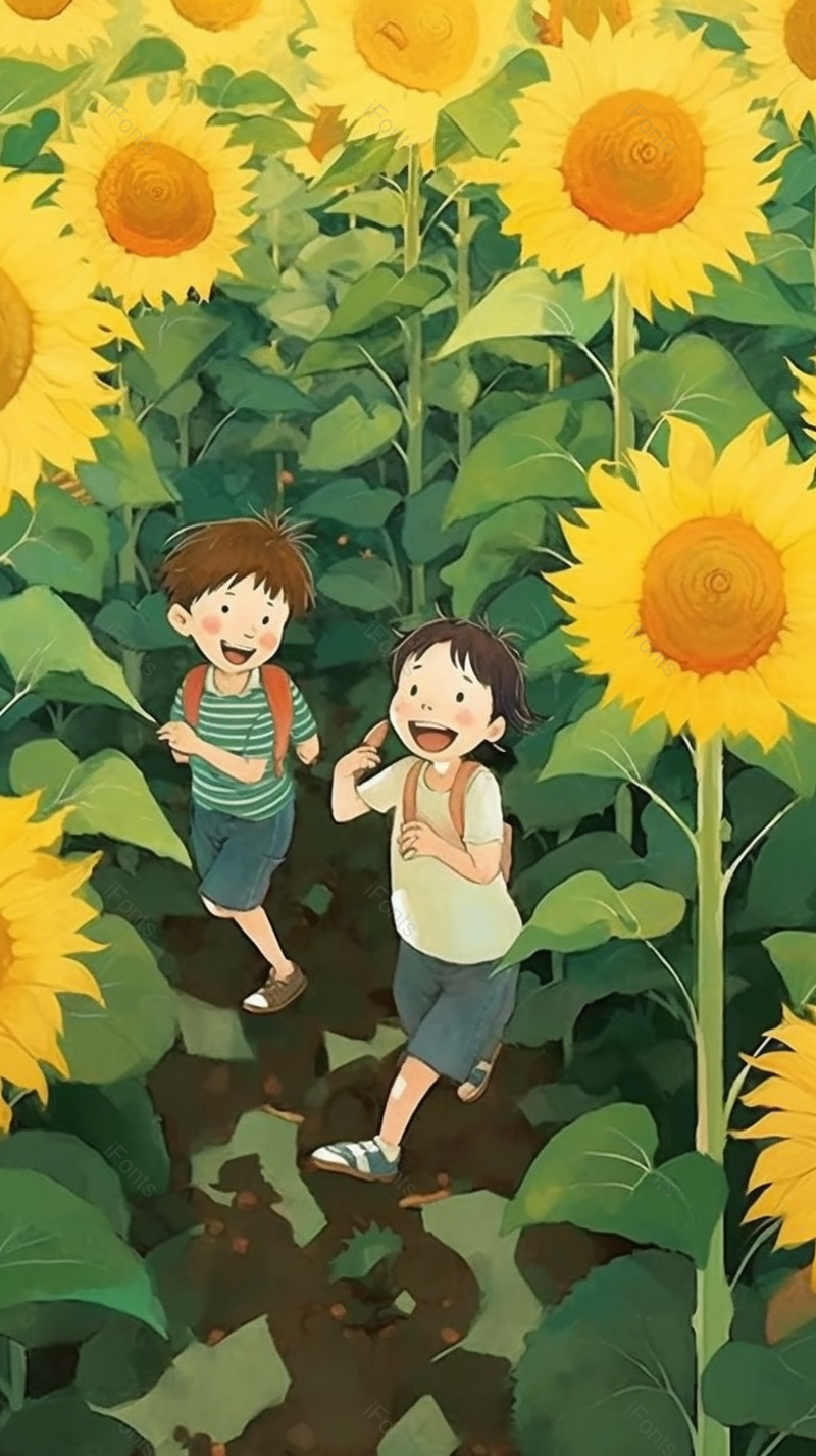 向日葵花田里玩耍的两位可爱的小男孩背景,插画/手绘图,插画/手绘图库,插画/手绘图下载,插画/手绘